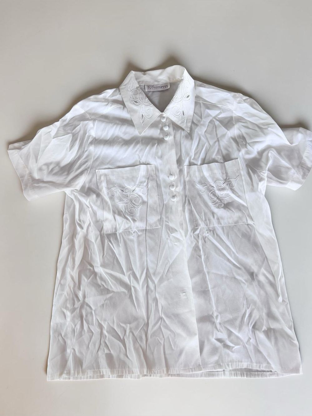 Vintage White Embroidered Blouse Career Wear Size Large